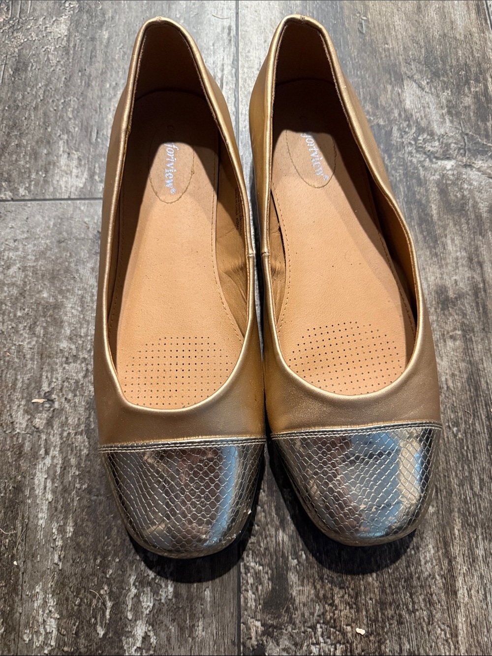 Woman’s Within Comfort View Gold Flats with Textured Metallic Cap